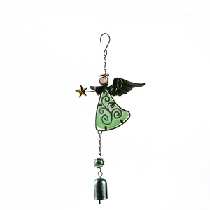 Detail of angel wind chime featuring green glass wings and a small metal bell pendant
