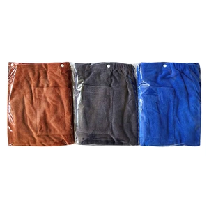 Three wearable microfiber bath towels for men in brown, dark gray, and blue with pockets