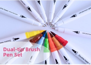 Detailed view of dual-tip watercolor markers showing fine and brush tips in vibrant colors
