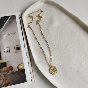 Detailed shot of vintage gold paperclip chain with a round coin medallion pendant