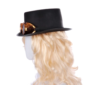 Steampunk top hat with gold goggles on a mannequin head for party costume accessories