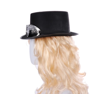 Side view of black steampunk top hat with silver goggles and felt texture details