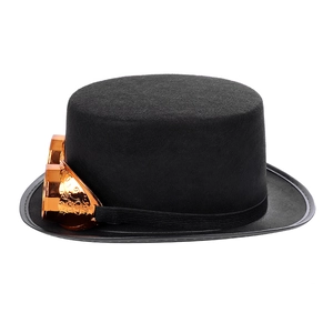 Detail of a black steampunk top hat with bright orange goggles on a white background