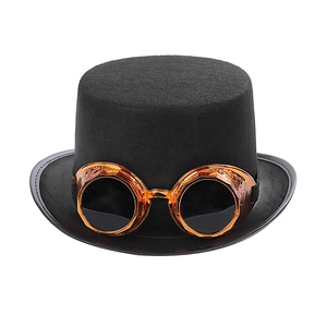 Close-up of black steampunk top hat with bronze goggles for Halloween party costumes