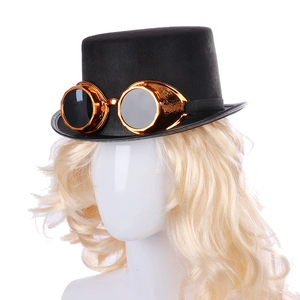 Detail view of steampunk black top hat with vintage bronze goggles for cosplay events