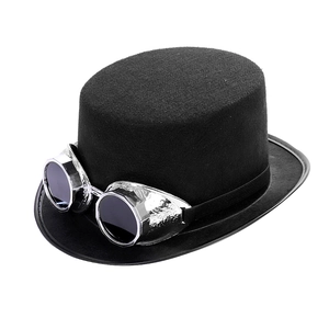 Detail of steampunk black top hat with silver engraved goggles for party costumes