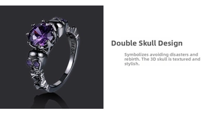 Detail macro shot of the 18K GP engraving inside the black skull ring with purple gemstone