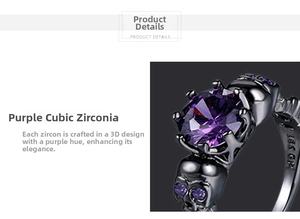 Macro shot of 18K GP black skull ring with large purple cubic zirconia center stone