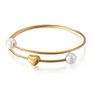 316L Stainless Steel Heart Charm Bangle Twisted Cable Open Cuff Bracelet With Shell Artificial Pearls Elegant Jewelry For Women