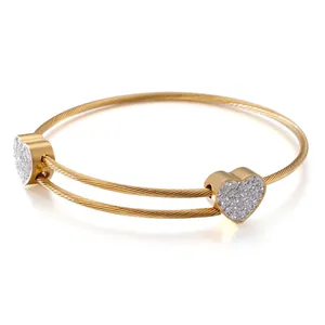 Heart Stainless Steel Cable Wire Bracelet Pave Zircon Open Adjustable Bangle Minimalist Fashion Jewelry Women Gift