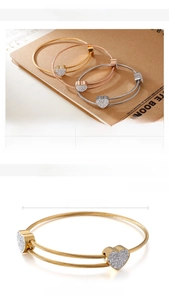 Detailed specs of stainless steel heart cable bracelets in gold, rose gold and silver