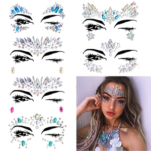 Detailed sheet of colorful facial rhinestone stickers with model wearing crystal gems