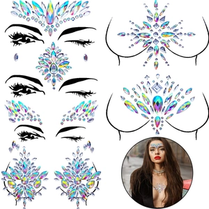 Macro detail of holographic face and chest gem stickers with floral rhinestone patterns