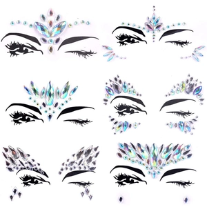 Detailed set of six iridescent face jewels and rhinestone tattoos in various shapes