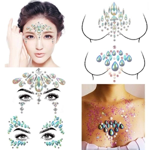 Face and body crystal tattoo stickers shown on various body parts for festival decoration