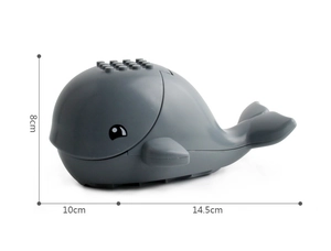 Detailed grey whale building block toy accessory showing dimensions 14.5x10x8cm