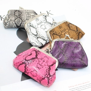 Detailed close-up of retro PU snake print coin purses in five diverse colors
