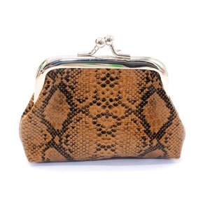 Detailed view of the vintage metal kiss-lock closure on brown snakeskin textured PU purse