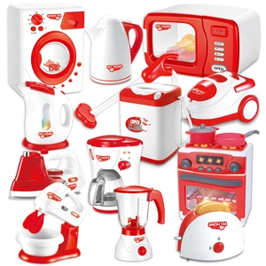 Red and white pretend play kitchen appliance set with toy microwave and washing machine