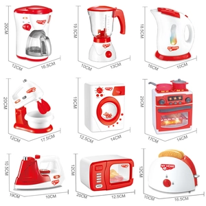 9-piece kids kitchen toy set with red and white appliances including dimensions