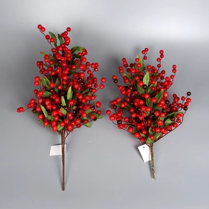 Set of two realistic red berry stems with green leaves for Christmas floral decorations