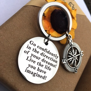 Stainless steel 2026 graduation keychain with compass and inspirational quote tag
