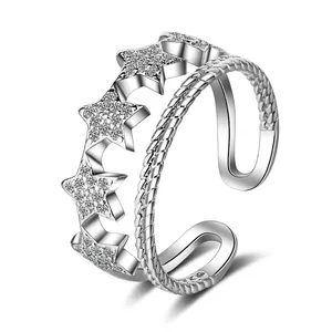 Korean Double Layer Star Open Ring Copper Silver Plated Rhinestone Inlaid Adjustable Star Ring For Women Minimalist Jewelry