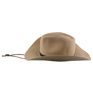 Straw cowboy sun hat with wide brim, black decorative band and adjustable chin strap