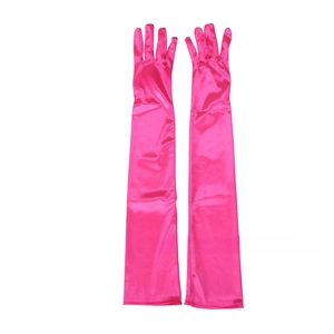 Detailed view of long rose pink satin evening gloves with smooth stretch finish