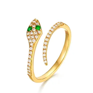 925 Sterling Silver Gold Plated Snake Open Ring Japanese Light Luxury Green Zirconia Eyes Adjustable Serpent Finger Ring For Women