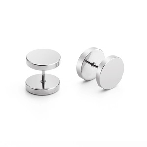 Polished titanium steel dumbbell stud earrings with minimalist round disc design for men