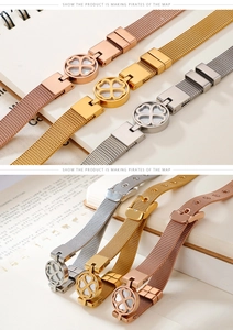 Detail of Milanese mesh strap with white mother-of-pearl clover charm in three colors