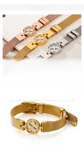 Detailed size chart and specifications for the mesh stainless steel clover bracelet