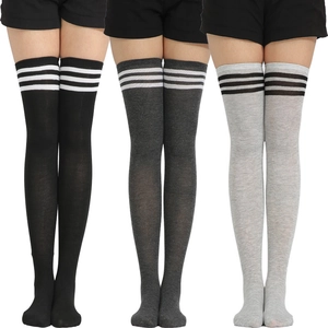 Three pairs of striped over-the-knee socks in black, dark grey, and light grey colors
