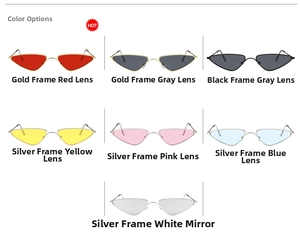 Macro display of slim cat-eye metal sunglasses in various frame and lens colors