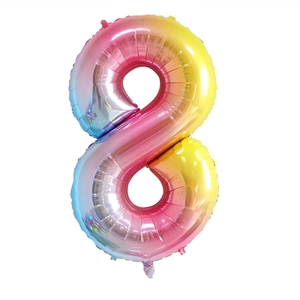 Detail of 40-inch gradient number 8 foil balloon with rainbow metallic finish for parties