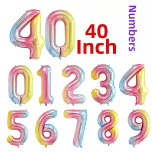 Detail of 40 inch gradient rainbow foil balloons in 0-9 number shapes for party events