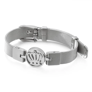 Bracelet en maille d'acier inoxydable argenté poli avec emblème couronne et boucle réglable