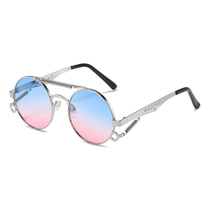 Steampunk round sunglasses with silver spring frame and blue-pink gradient lenses