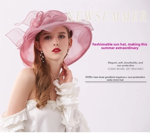 Close-up of pink organza sun hat featuring 3D floral accents and elegant wide brim design