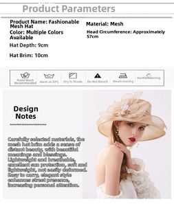 Detail showing sheer mesh sun hat dimensions with elegant 3D floral decoration