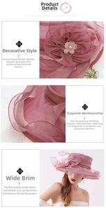 Detail of pink organza sun hat featuring delicate handmade flowers and pearl accents
