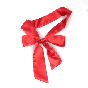 Détail de la ceinture en satin rouge nouée en ruban sur un fond blanc pur