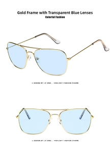Dual view of aviator sunglasses with gold metal frames and light blue transparent lenses