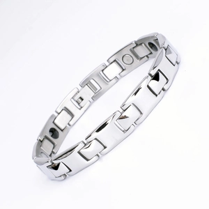 Polished silver stainless steel link bracelet for men with magnetic germanium stones
