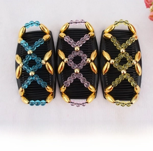 Three beaded magic hair combs in blue, pink, and yellow with gold accents for elegant styling