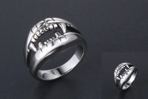Detailed close-up showing the vampire fang gothic design of this silver steel ring