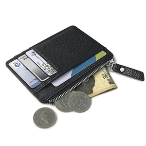 L-shaped zip pocket on black lychee leather wallet showing coins and cards storage