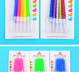 Colorful spiral birthday candle set with white holders in blister card packaging