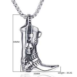 Stainless steel skull cowboy boot pendant necklace showing 44mm height dimensions